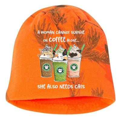 A Woman Cannot Survive On Coffee Alone She Needs Cats Kati - Camo Knit Beanie