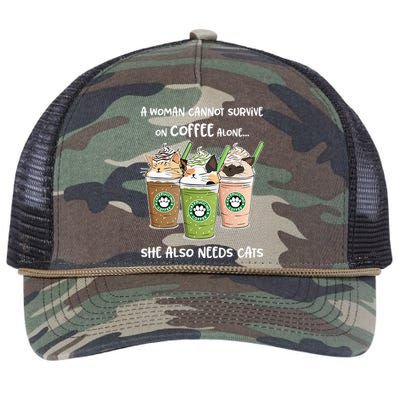 A Woman Cannot Survive On Coffee Alone She Needs Cats Retro Rope Trucker Hat Cap