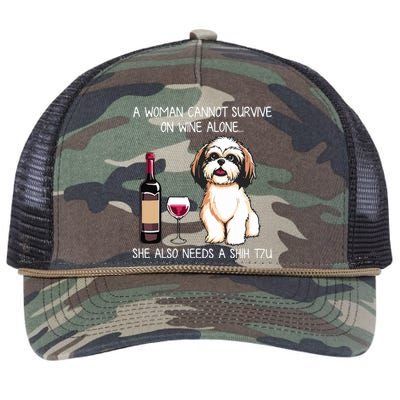 A Woman Cannot Survive On Wine Alone She Needs A Shih Tzu Retro Rope Trucker Hat Cap