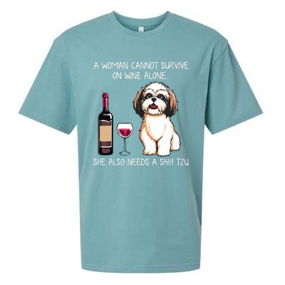 A Woman Cannot Survive On Wine Alone She Needs A Shih Tzu Sueded Cloud Jersey T-Shirt