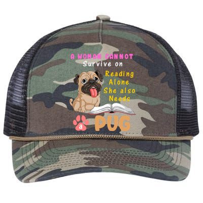 A Woman Cannot Survive On Reading Alone She Also Needs A Pug Retro Rope Trucker Hat Cap