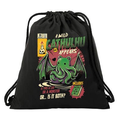 A Wild Cathulhu Appears A Cat Or Monster Funny Cat Cthulhu Drawstring Bag