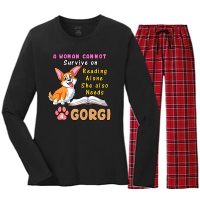 A Woman Cannot Survive On Reading Alone She Also Needs A Corgi Women's Long Sleeve Flannel Pajama Set 