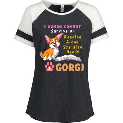 A Woman Cannot Survive On Reading Alone She Also Needs A Corgi Enza Ladies Jersey Colorblock Tee