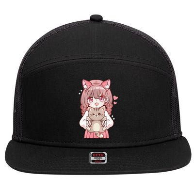 Anime with Cat Kawaii Cat Lover Otaku 7 Panel Mesh Trucker Snapback Hat