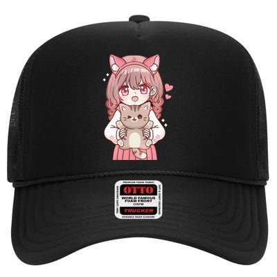 Anime with Cat Kawaii Cat Lover Otaku High Crown Mesh Back Trucker Hat