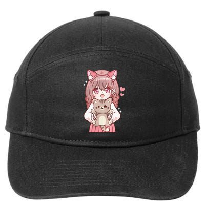 Anime with Cat Kawaii Cat Lover Otaku 7-Panel Snapback Hat