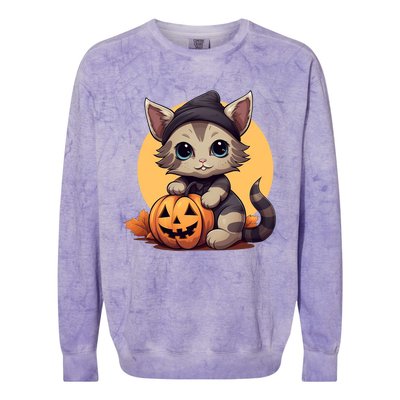 Autumn Whiskers Cute Cat Cuddling A Halloween Pumpkin Meaningful Gift Colorblast Crewneck Sweatshirt