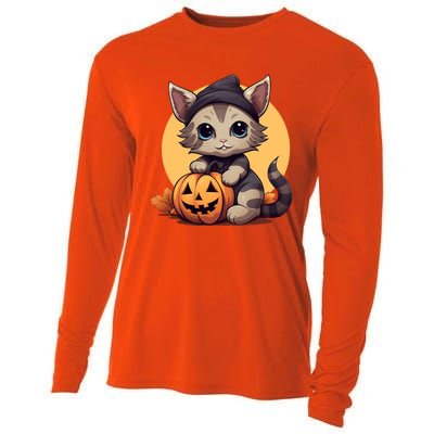 Autumn Whiskers Cute Cat Cuddling A Halloween Pumpkin Meaningful Gift Cooling Performance Long Sleeve Crew