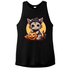 Autumn Whiskers Cute Cat Cuddling A Halloween Pumpkin Meaningful Gift Ladies PosiCharge Tri-Blend Wicking Tank