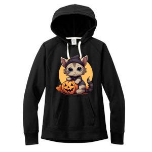 Autumn Whiskers Cute Cat Cuddling A Halloween Pumpkin Meaningful Gift Women's Fleece Hoodie