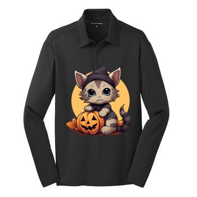 Autumn Whiskers Cute Cat Cuddling A Halloween Pumpkin Meaningful Gift Silk Touch Performance Long Sleeve Polo