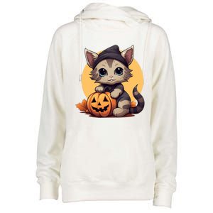 Autumn Whiskers Cute Cat Cuddling A Halloween Pumpkin Meaningful Gift Womens Funnel Neck Pullover Hood