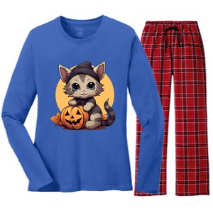 Autumn Whiskers Cute Cat Cuddling A Halloween Pumpkin Meaningful Gift Women's Long Sleeve Flannel Pajama Set 