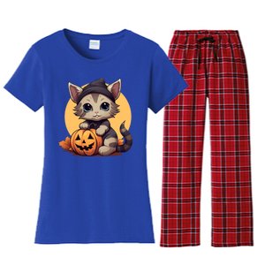 Autumn Whiskers Cute Cat Cuddling A Halloween Pumpkin Meaningful Gift Women's Flannel Pajama Set