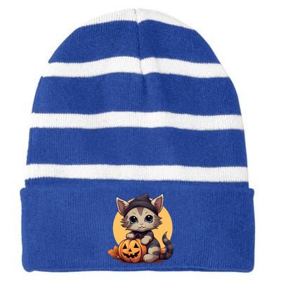 Autumn Whiskers Cute Cat Cuddling A Halloween Pumpkin Meaningful Gift Striped Beanie with Solid Band