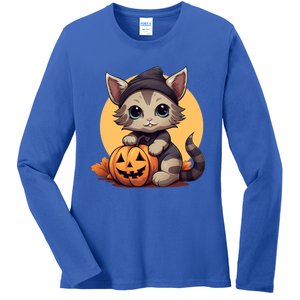 Autumn Whiskers Cute Cat Cuddling A Halloween Pumpkin Meaningful Gift Ladies Long Sleeve Shirt