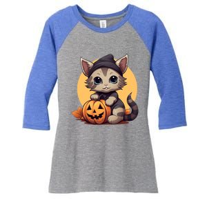 Autumn Whiskers Cute Cat Cuddling A Halloween Pumpkin Meaningful Gift Women's Tri-Blend 3/4-Sleeve Raglan Shirt