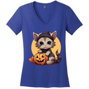 Autumn Whiskers Cute Cat Cuddling A Halloween Pumpkin Meaningful Gift Women's V-Neck T-Shirt