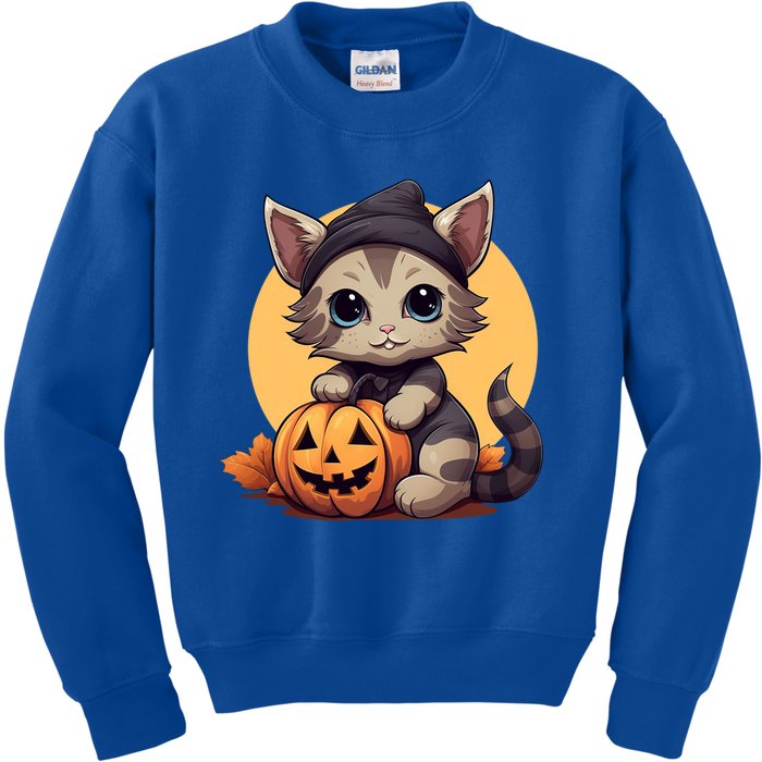 Autumn Whiskers Cute Cat Cuddling A Halloween Pumpkin Meaningful Gift Kids Sweatshirt