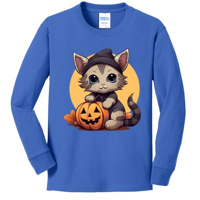 Autumn Whiskers Cute Cat Cuddling A Halloween Pumpkin Meaningful Gift Kids Long Sleeve Shirt