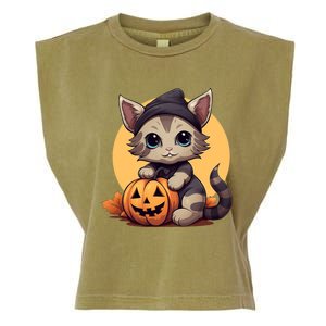 Autumn Whiskers Cute Cat Cuddling A Halloween Pumpkin Meaningful Gift Garment-Dyed Women's Muscle Tee