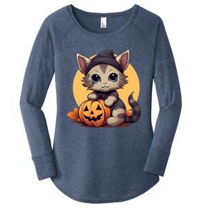 Autumn Whiskers Cute Cat Cuddling A Halloween Pumpkin Meaningful Gift Women's Perfect Tri Tunic Long Sleeve Shirt