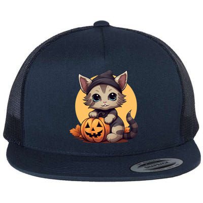 Autumn Whiskers Cute Cat Cuddling A Halloween Pumpkin Meaningful Gift Flat Bill Trucker Hat