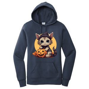 Autumn Whiskers Cute Cat Cuddling A Halloween Pumpkin Meaningful Gift Women's Pullover Hoodie