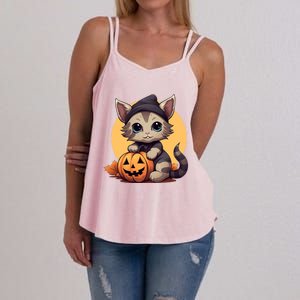 Autumn Whiskers Cute Cat Cuddling A Halloween Pumpkin Meaningful Gift Women's Strappy Tank