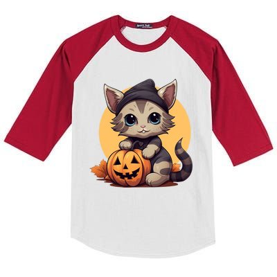 Autumn Whiskers Cute Cat Cuddling A Halloween Pumpkin Meaningful Gift Kids Colorblock Raglan Jersey