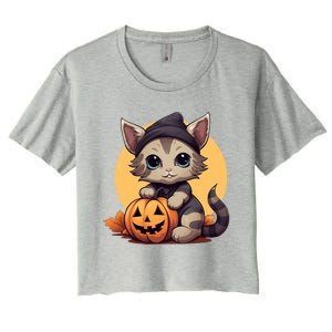 Autumn Whiskers Cute Cat Cuddling A Halloween Pumpkin Meaningful Gift Women's Crop Top Tee