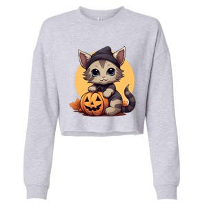 Autumn Whiskers Cute Cat Cuddling A Halloween Pumpkin Meaningful Gift Cropped Pullover Crew