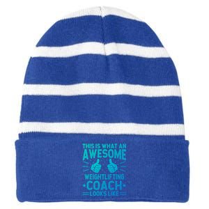 Awesome Weightlifting Coach Funny Weightlifting Coach Gift Striped Beanie with Solid Band