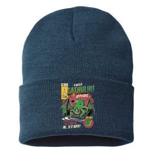 A Wild Cathulhu Appears A Cat Or Monster Funny CatCthulhu Sustainable Knit Beanie