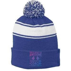 Awesome Weightlifting Coach Funny Weightlifting Coach Gift Stripe Pom Pom Beanie