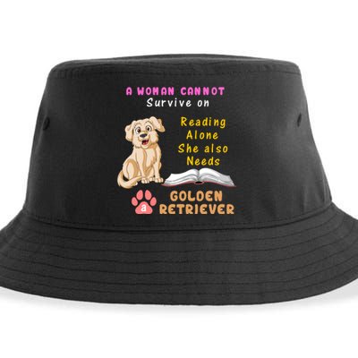 A Woman Cannot Survive On Reading Alone She Also Need A Golden Retriver Sustainable Bucket Hat