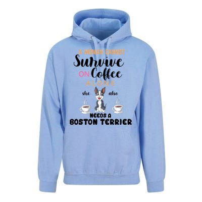 A Woman Cannot Survive On Coffee Alone She Also Needs A Boston Terrier Unisex Surf Hoodie