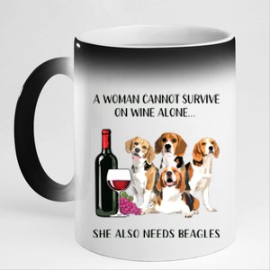 A Woman Cannot Survive On Wine Alone Beagle Lovers 11oz Black Color Changing Mug