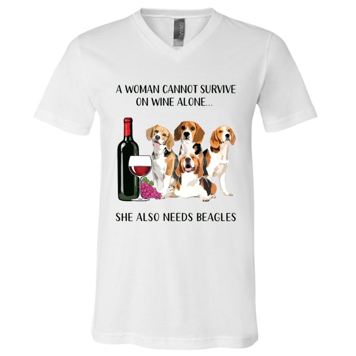 A Woman Cannot Survive On Wine Alone Beagle Lovers V-Neck T-Shirt