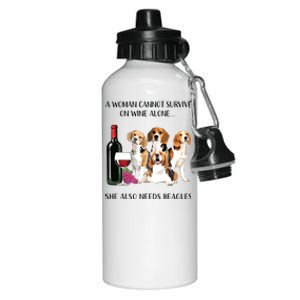 A Woman Cannot Survive On Wine Alone Beagle Lovers Aluminum Water Bottle