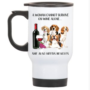 A Woman Cannot Survive On Wine Alone Beagle Lovers Stainless Steel Travel Mug