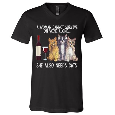 A Woman Cannot Survive On Wine Alone She Also Needs Cat V-Neck T-Shirt