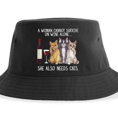 A Woman Cannot Survive On Wine Alone She Also Needs Cat Sustainable Bucket Hat