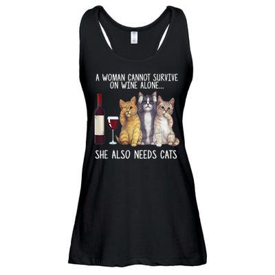 A Woman Cannot Survive On Wine Alone She Also Needs Cat Ladies Essential Flowy Tank