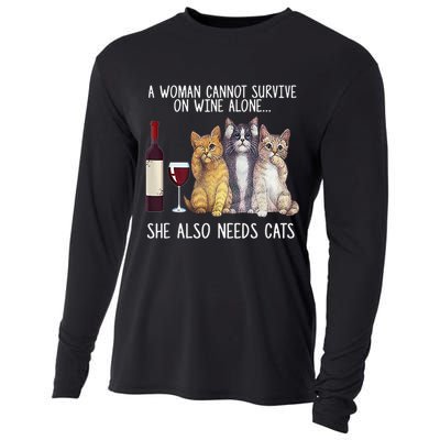A Woman Cannot Survive On Wine Alone She Also Needs Cat Cooling Performance Long Sleeve Crew