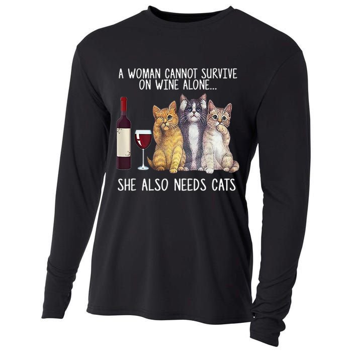 A Woman Cannot Survive On Wine Alone She Also Needs Cat Cooling Performance Long Sleeve Crew