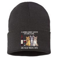 A Woman Cannot Survive On Wine Alone She Also Needs Cat Sustainable Knit Beanie