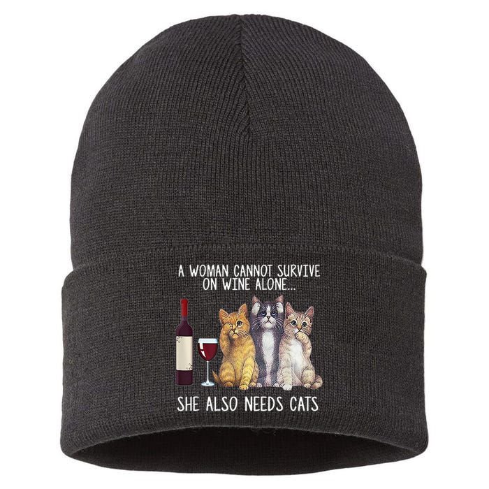 A Woman Cannot Survive On Wine Alone She Also Needs Cat Sustainable Knit Beanie