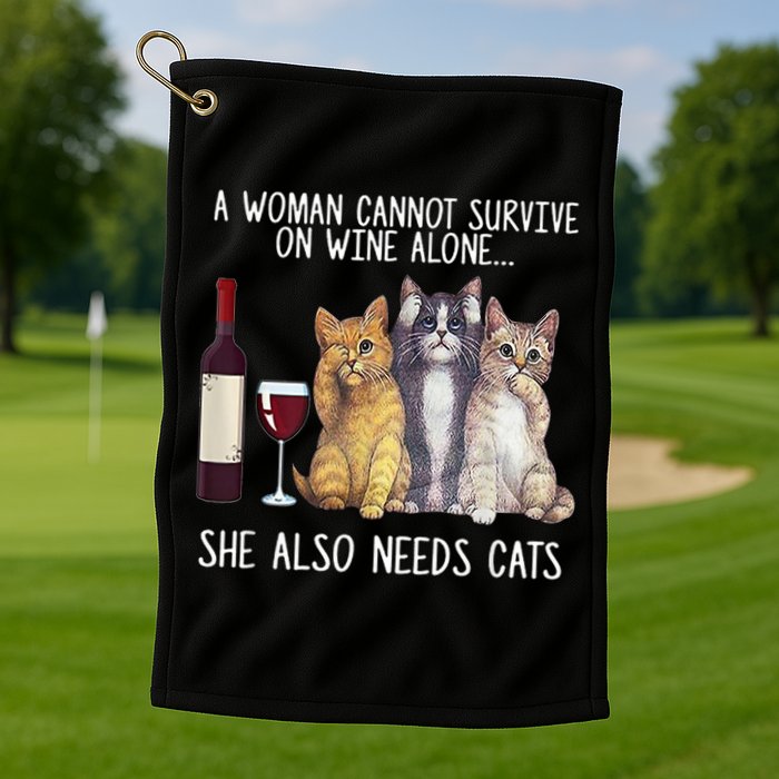 A Woman Cannot Survive On Wine Alone She Also Needs Cat Golf Towel